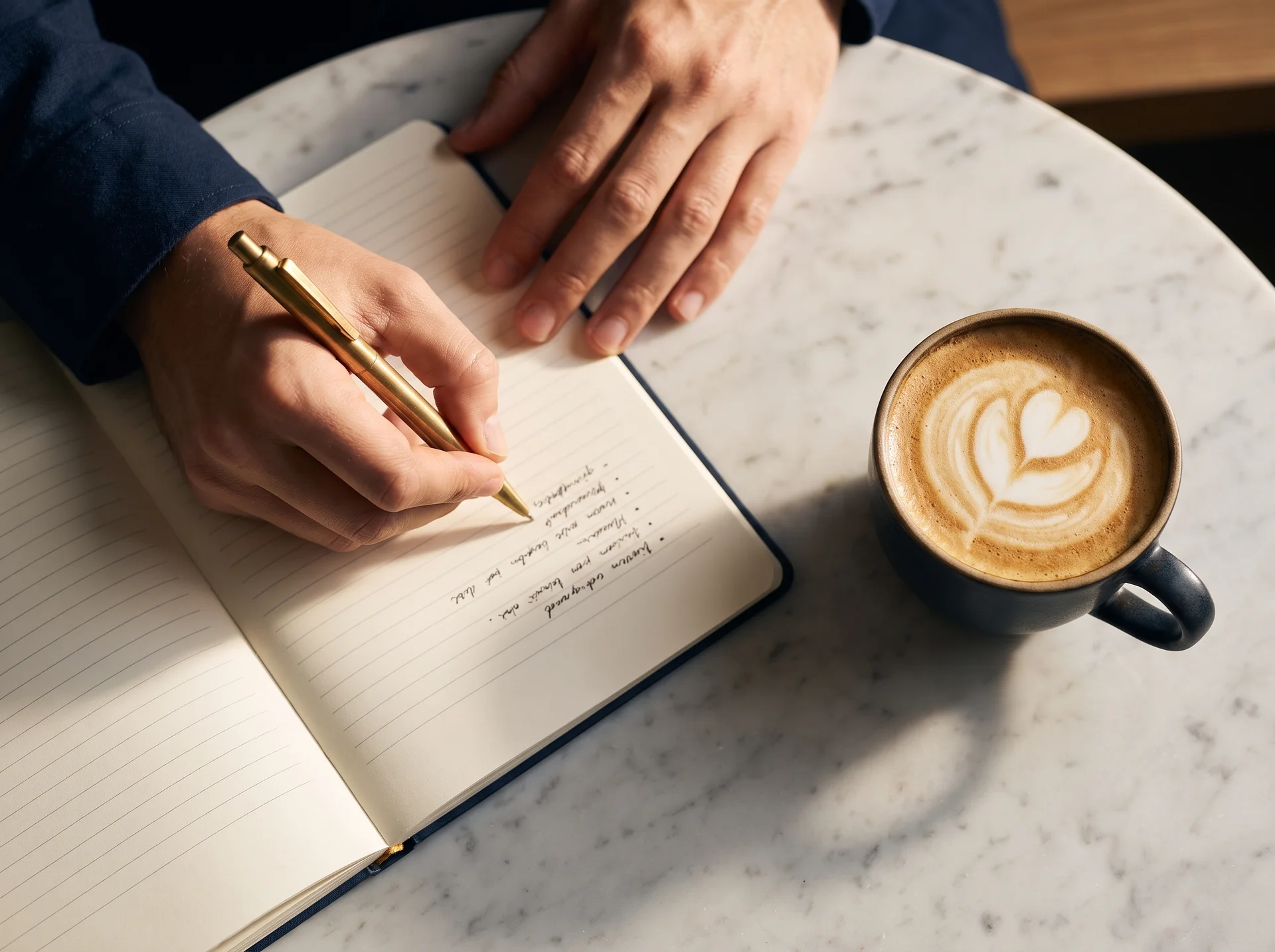 Två händer skriver för hand i ett anteckningsblock med mässingspenna, bredvid en cappuccino på ett marmorbord